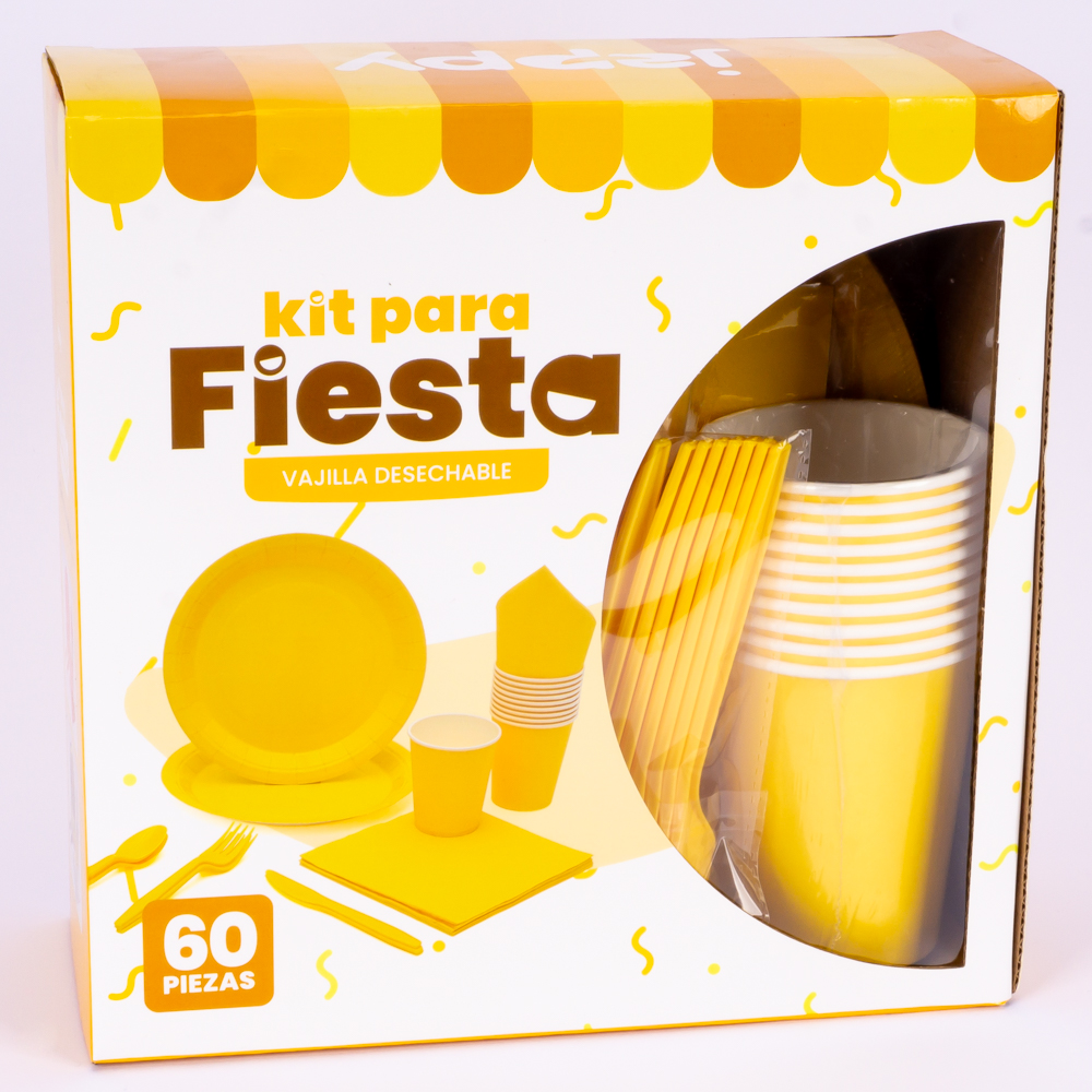 Vajilla cartón desechable lisa 60pzas amarillo y blanco