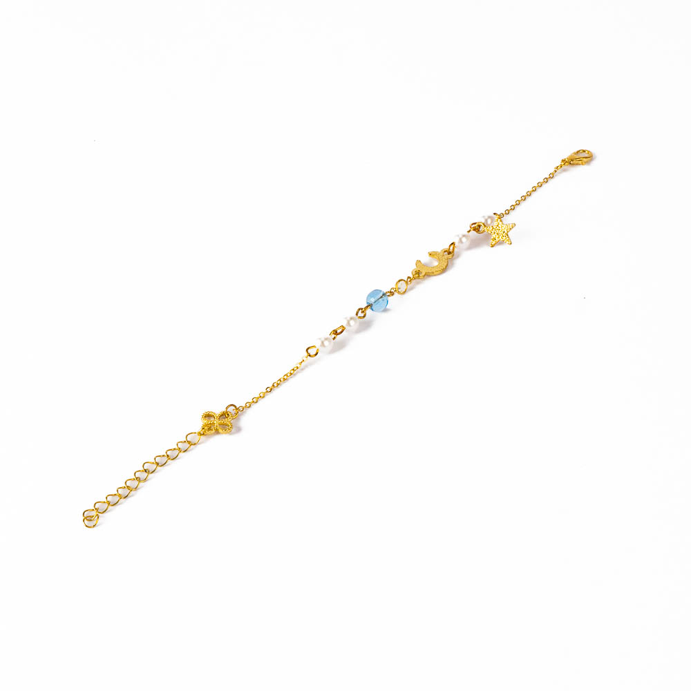 Pulsera metálica luna con estrella y perlas multicolor dorado