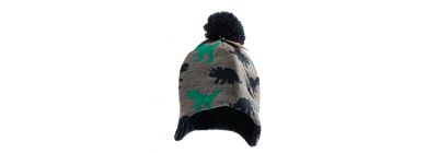 Gorro para niño estampado dinosaurio y pompon gris azul