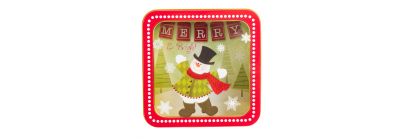 Caja metálica navideña cuadrada estampado muñeco nieve 15x15x5.5cm