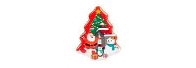 Caja metálica figura árbol estampado navideño 18x15x6.5cm surtido