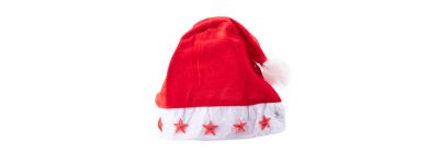 Gorro navideño liso y detalle estrellas con luz 28x38cm rojo y blanco