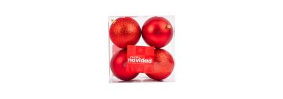 Esfera plástico navideña lisa y escarcha 10cm 4und rojo