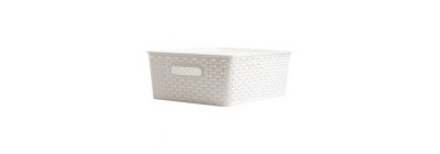 Cesta plástica para almacenamiento lisa+relieve con tapa 35x29x13.5cm blanco