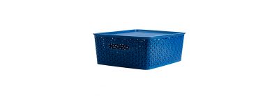 Cesta plástica para almacenamiento con relieve+tapa 35x29x13.5cm azul