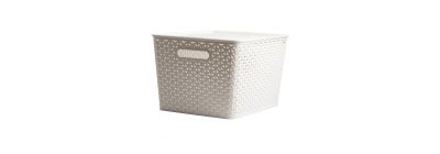 Cesta plástica para almacenamiento lisa+relieve con tapa 35x29x22cm blanco