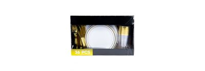 Vajilla acrilico 36pzas dorado y blanco