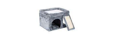 Rascador para mascota afelpado gris con beige