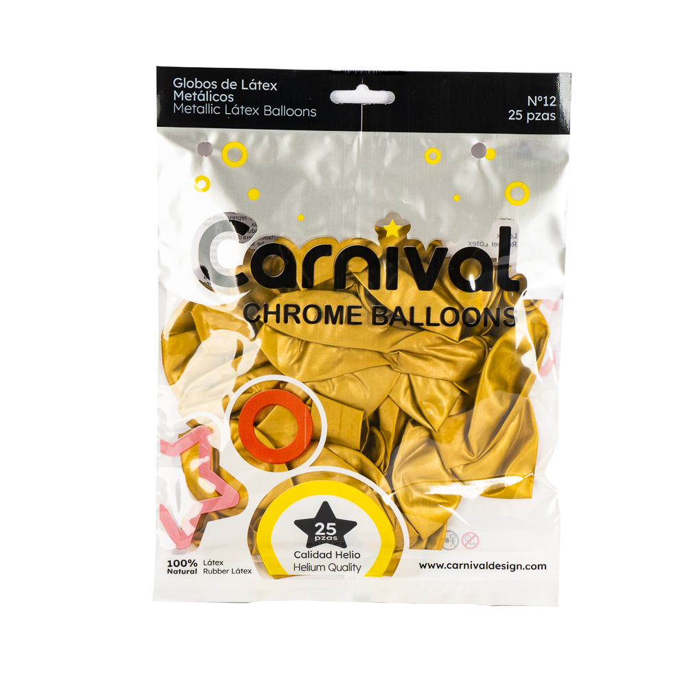 Globo latex #12 metalizado calidad helio 25und cromado dorado