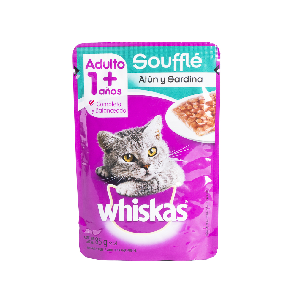 Alimento gato whiskas pouch souffle atún sardina