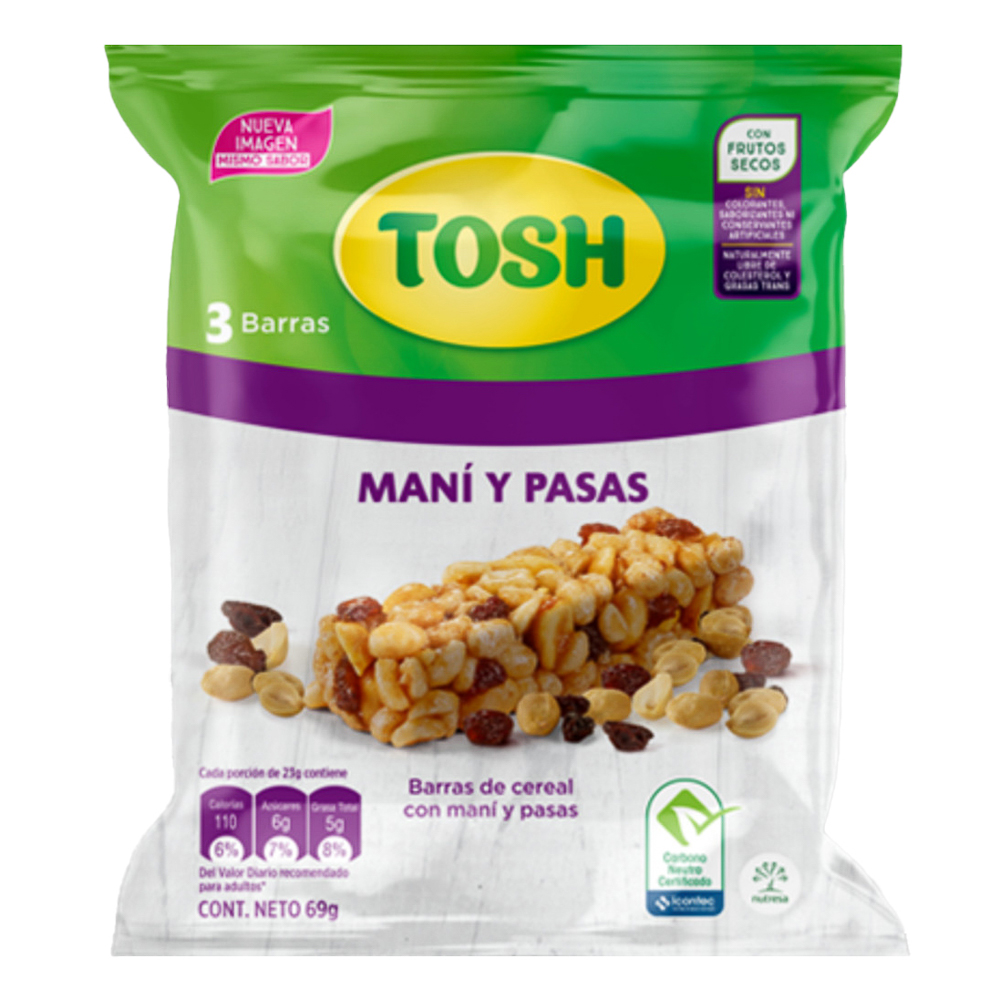 Barra de cereal maní pasas Tosh 3 und 23g