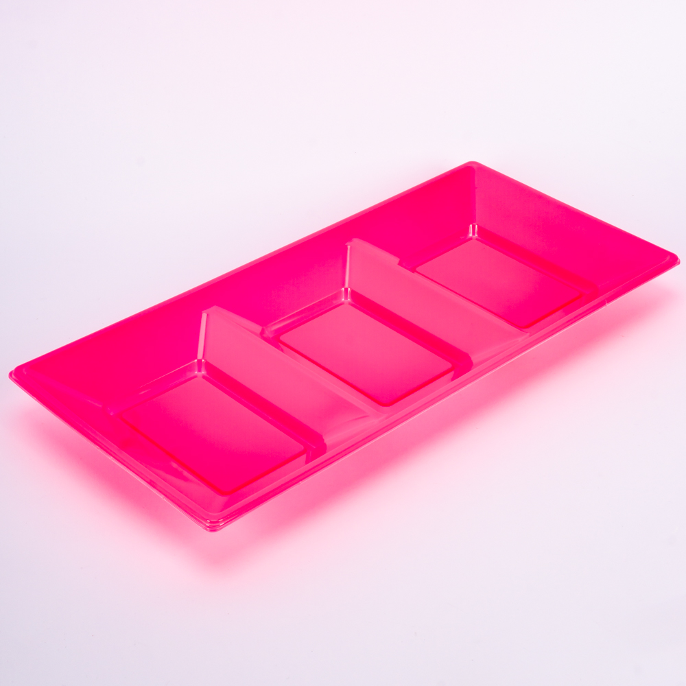 Bandeja plástica rectangular 3 divisiones 3und rosado neón