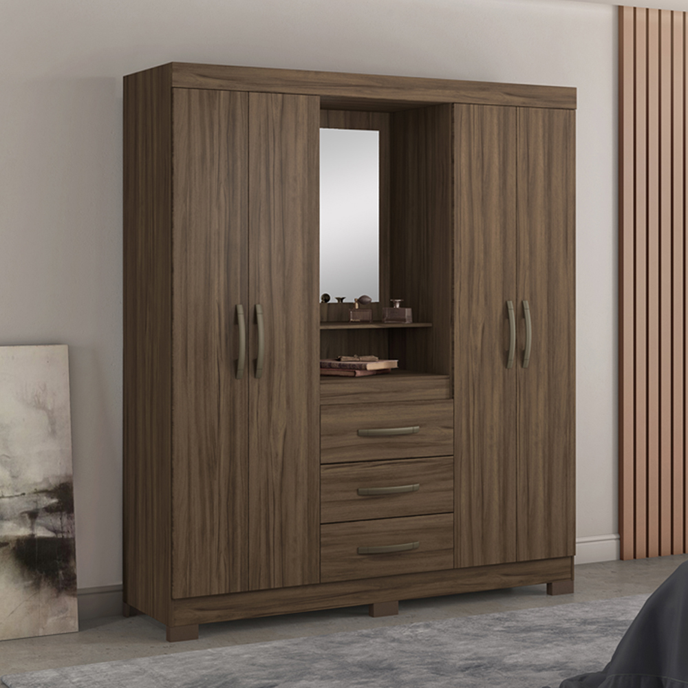 Ropero 4 puertas y 3 gavetas con espejo nogal trend