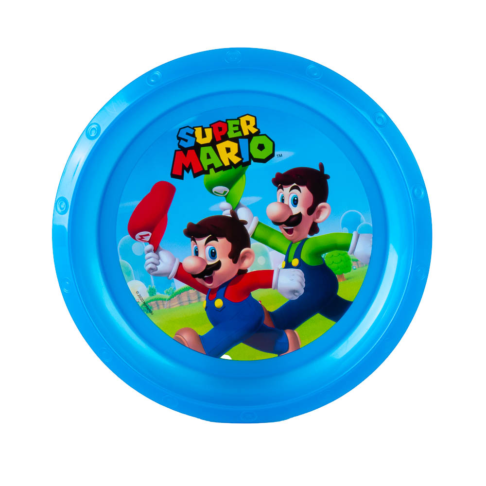 Plato plástico plano estampado super Mario Bros celeste